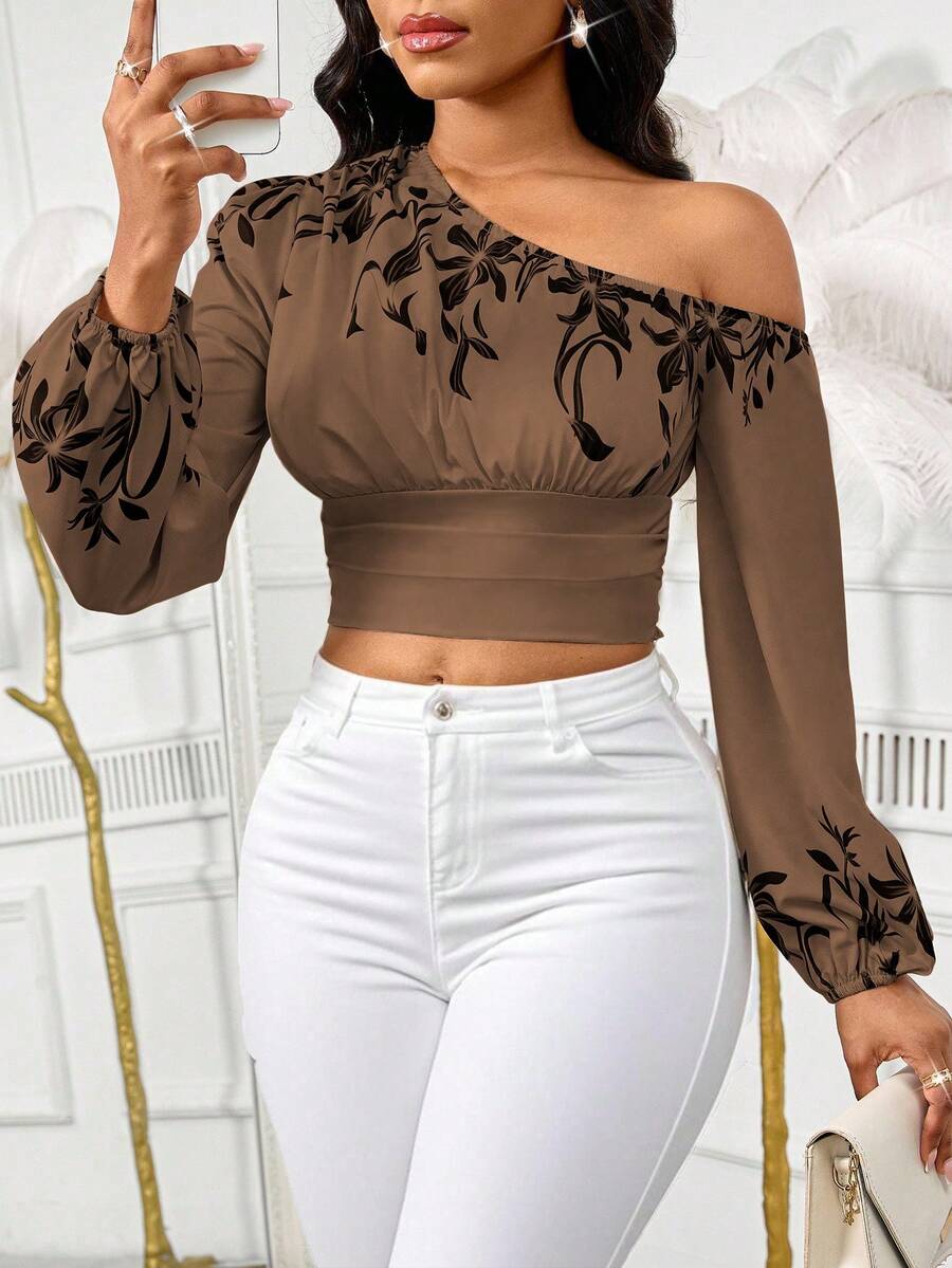 Lureya 女士时尚斜肩灯笼袖弹力袖口腰部上衣，度假印花休闲通勤装 - 彩色 - 查看 1