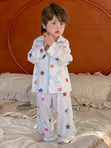 DAZY 2pcs Toddler Boys' Korean Style Star Print Lapel Long Sleeve Shirt And Pants Pajama Set - Red and White - View 10