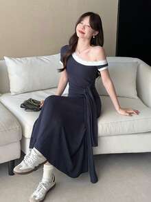 DAZY Women's Casual Lace Trim Asymmetric-Shoulder Mid-Length Dress, Summer - Blue - View 1