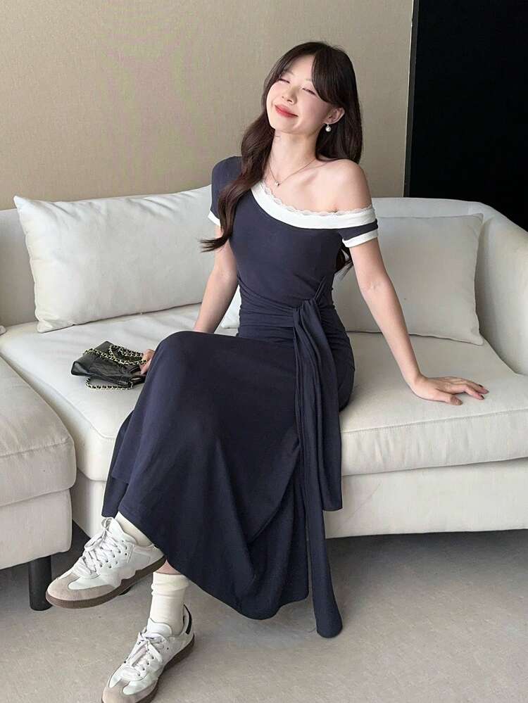 Women's Casual Lace Trim Asymmetric-Shoulder Mid-Length Dress, Summer Dress Sundress