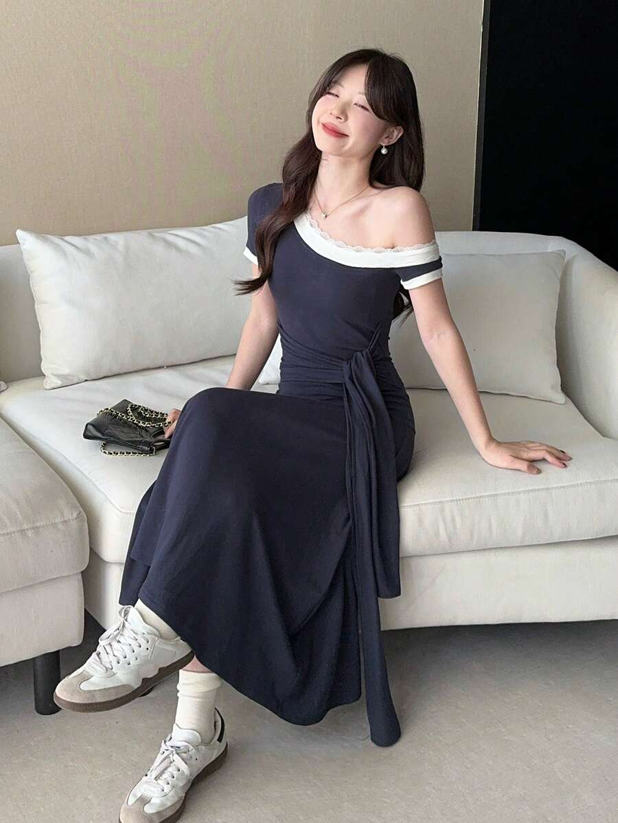 DAZY Women's Casual Lace Trim Asymmetric-Shoulder Mid-Length Dress, Summer - Blue - View 1