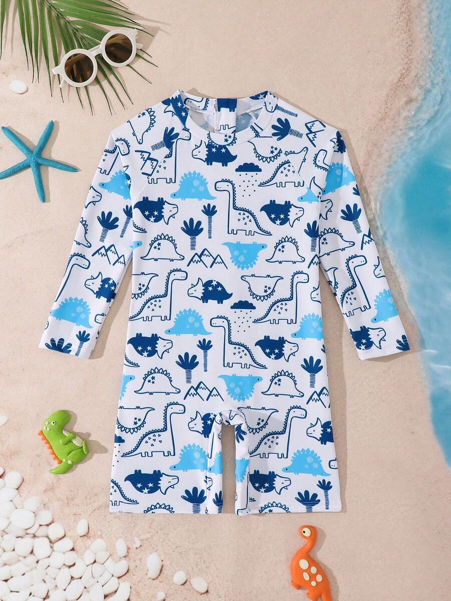 小男孩可爱恐龙印花插肩袖连体泳衣 - 藍白色 - 查看 1