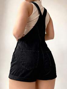 EMERY ROSE Women's Pocket Button Fashionable Versatile Date Outing Denim Bib Shorts - Grey - View 2