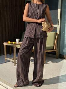 DAZY 2pcs Women's Elegant Formal Contrast Striped Sleeveless Top And Pants Suit Set, Spring/Autumn - Coffee Brown - View 4