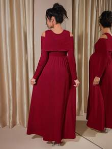 Momance Maternity Raglan Sleeve Button Front Rib-Knit A-Line Midi Dress, Spring/Autumn - Burgundy - View 2