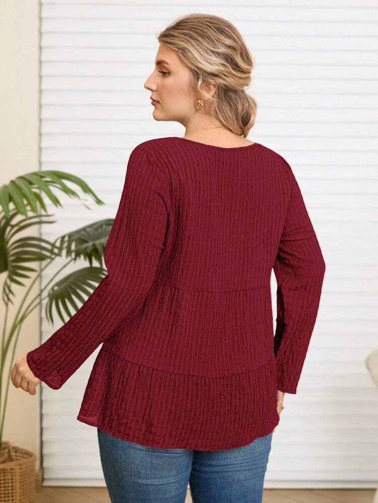 Plus Size Solid Color Round Neck Long Sleeve Pleated Minimalist Blouse, Casual Everyday Wear, Autumn&Winter Women Clothes, New Year Clothes