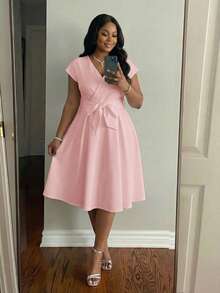 SHEIN Lady Plus Size Women Summer Elegant Elegant Simple Pink Solid Color Surplice Neck Tie Waist Dress Summer Dress  Spring Outfit Women  Casual Dresses For Women  Valentine's Day  Stylish Clothing Collection Pink V-Neck Dress Pink Bow Dress - Pink - View 1
