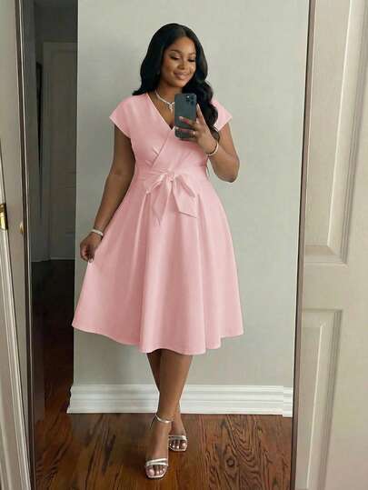 SHEIN Lady Plus Size Women Summer Elegant Elegant Simple Pink Solid Color Surplice Neck Tie Waist Dress Summer Dress  Spring Outfit Women  Casual Dresses For Women  Valentine's Day  Stylish Clothing Collection Pink V-Neck Dress Pink Bow Dress