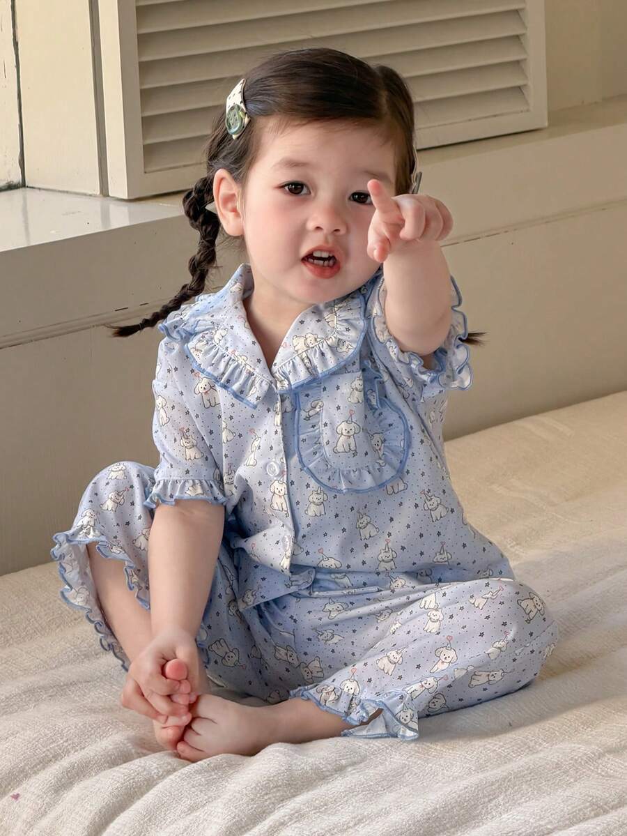 DAZY Bộ đồ ngủ 2 mảnh thoải mái kiểu Hàn Quốc cổ bẻ in hình hoạt hình cún con cho bé gái - Màu xanh nhạt - Xem 1