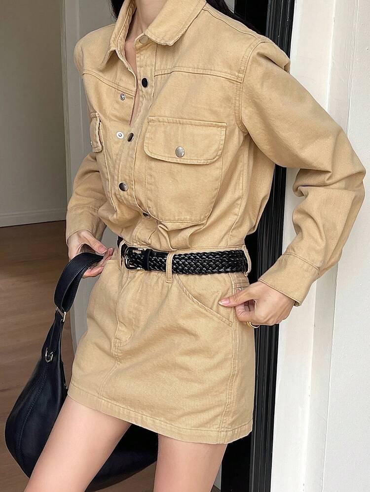 Women's Collared Half-Zip Waist Decor Short Casual Denim Dress