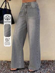 Livesso Women's Casual High Waist Loose Fit Wide Leg Washed Denim Jeans, Versatile For Daily Commute - Grey - View 1