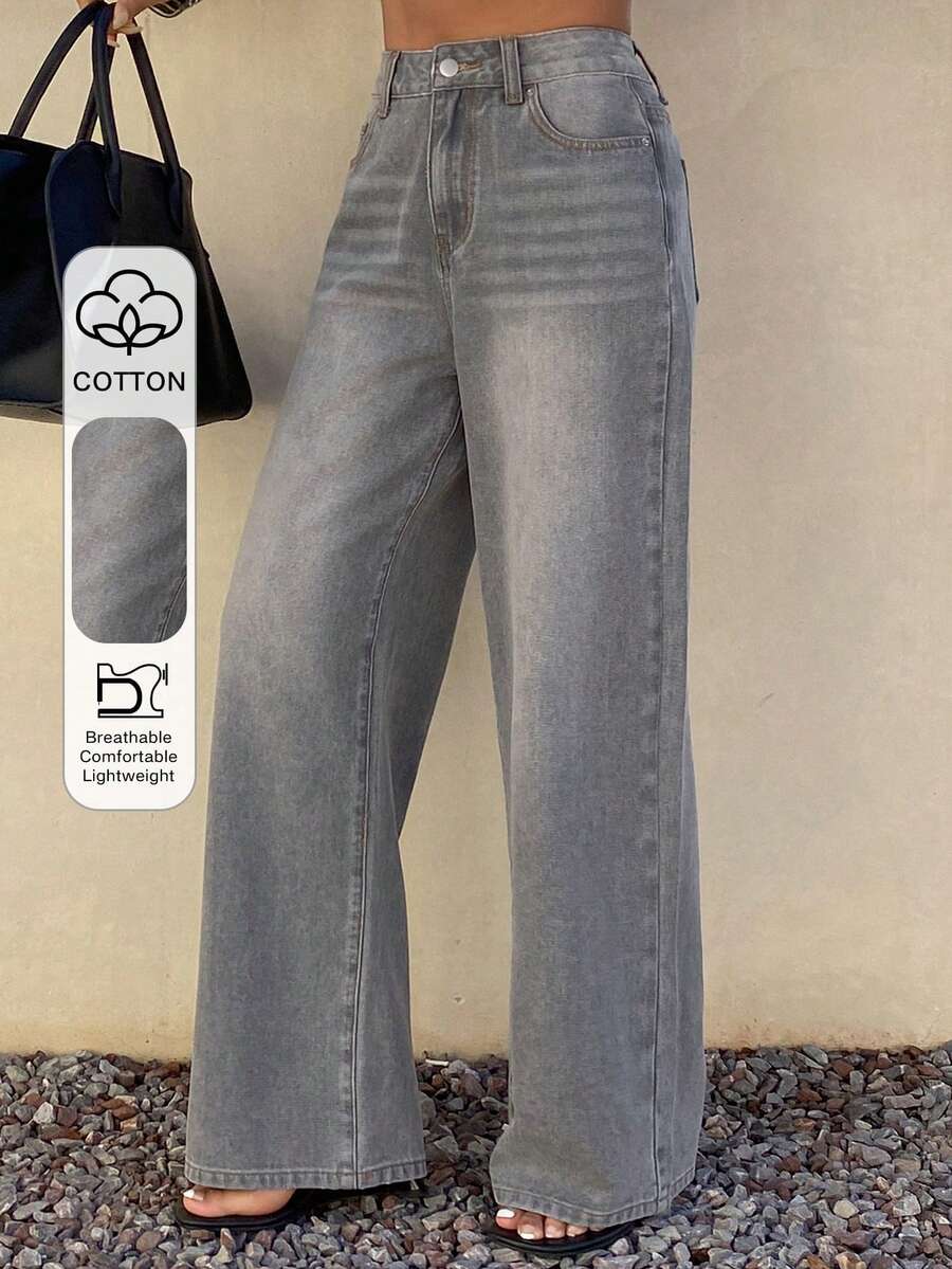 Livesso Women's Casual High Waist Loose Fit Wide Leg Washed Denim Jeans, Versatile For Daily Commute - Grey - View 1