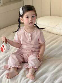 Dazy Kids 2pcs Baby Girls Striped Round Neck Long Sleeve T-Shirt And Pants Comfortable Homewear Set - Baby Pink - View 1