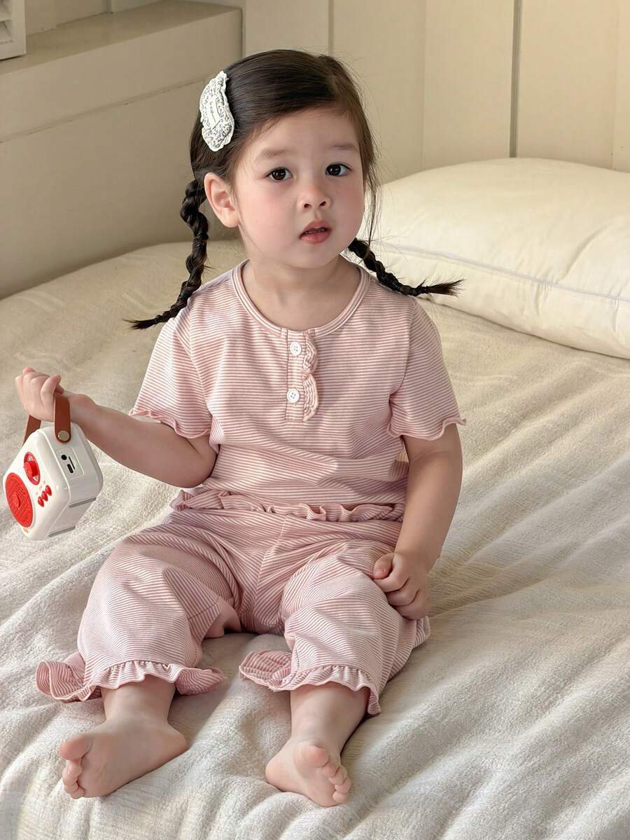 Dazy Kids 2pcs Baby Girls Striped Round Neck Long Sleeve T-Shirt And Pants Comfortable Homewear Set - Baby Pink - View 1