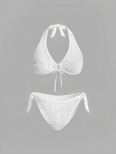 Sweetra Plus Size Women's Solid Color Halter Tie Sexy Bikini Swimsuit Set