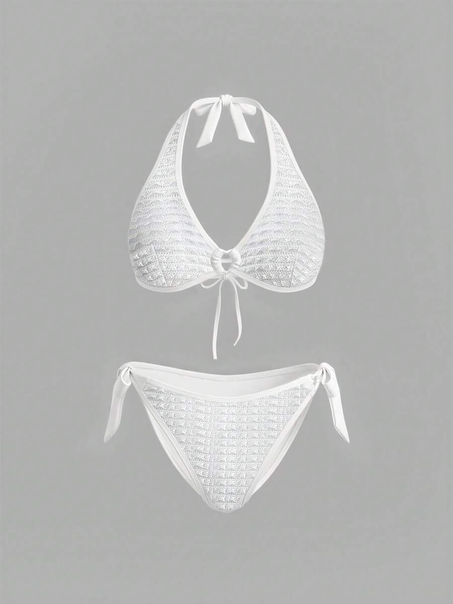 Sweetra Plus Size Women's Solid Color Halter Tie Sexy Bikini Swimsuit Set - White - View 1