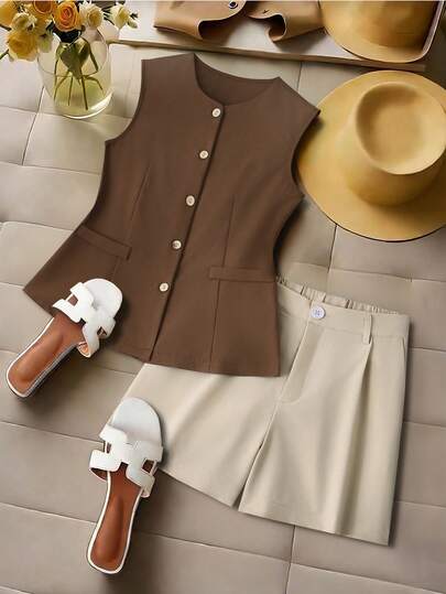 GlowEve CURVE Plus Size Women Solid Color Round Neck Single-Breasted Top And Shorts 2 Pieces Set, Fashionable For Daily Commute