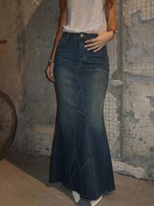 Aloruh Women's Casual Washed Asymmetric Pocket Fishtail Hem Denim Mini Skirt, Summer - Blue - View 9