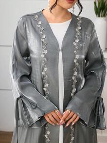 SHEIN Najma Lace Trim Patchwork Long Sleeve Flared Women's Abaya - Dark Grey - View 6