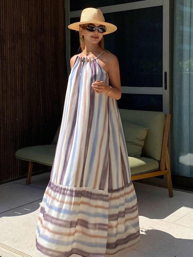 Striped Print Loose Long Hem Spaghetti Strap Dress, Casual Resort Wear For Women, Spring/Summer Cruise Outfit For Women Sundress