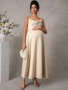 Momance Maternity Fashion Taffeta Pearl Strap Dress - Apricot - View 1