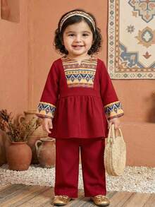 SHEIN 2pcs Set: Baby Girls Loose Fit Patchwork Collar Blouse And Pants, Wine Red - Red - View 1