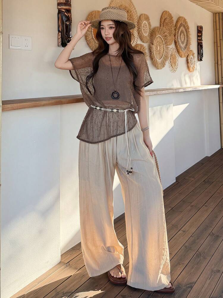 Women's Sequin Round Neck Semi-Sheer Korean Style Blouse And Casual Loose Pants Two Pieces Set, Girly