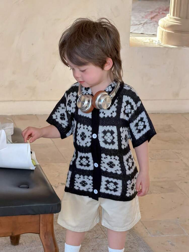Baby Boys' Plaid & Floral Print Casual Polo Shirt, Summer Spring