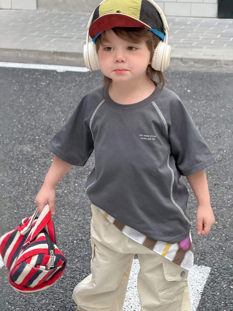 DAZY Baby Boys' Round Neck Contrast Stitching Short Sleeve Casual Street Wear Top Summer - Black - View 1