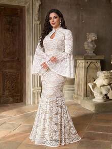 Aureia Váy xòe tay loe cổ tròn ren trắng lãng mạn, sang trọng cỡ lớn, phù hợp cho dạ tiệc, đám cưới, tuần trăng mật, váy cưới - trắng - Xem 4