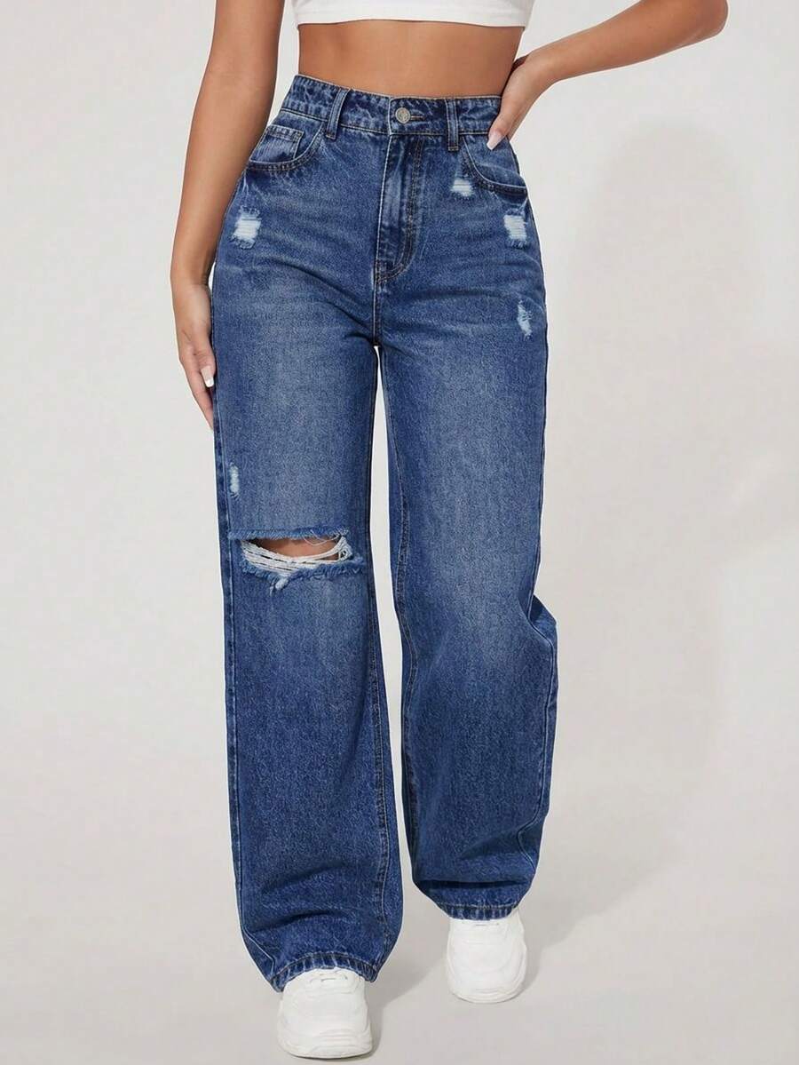 Pantalón femenino casual tipo jeans  de tiro alto con rotos y efecto lavado ajuste regular sin cuello sin mangas primavera verano uso diario pantalón - Azul 3 - Ver 1