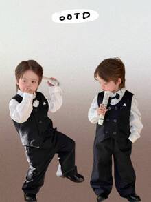 DAZY 3pcs Baby Boy Korean Style Party/Birthday White Long Sleeve Shirt, Pants And Bow Tie Gentleman Suit Set - Black - View 11