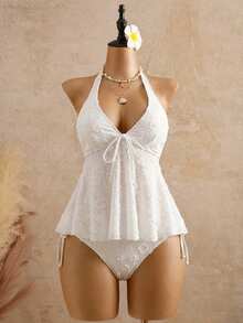 Bellisia Women's Relaxed Vacation Polka Dot Textured Fabric Camisole Bikini Top - White - View 5