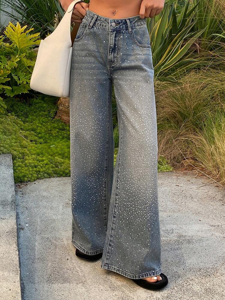 Women's Low Waist Rhinestone Embellished Straight Leg Casual Jeans Y2k