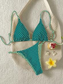 Swim Mod 2件套女士双面条纹波点印花休闲比基尼泳衣套装 - 綠色 - 查看 3