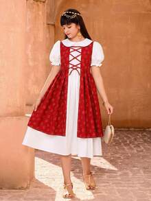 这款女童夏季甜美复古洛丽塔风碎花连衣裙，有橙色/红色/绿色可选。它采用碎花印花、彼得潘领、交叉系带、短泡泡袖和多层裙摆设计，打造二合一造型。非常适合日常穿着、购物、主题派对等场合。 - 紅色 - 查看 3