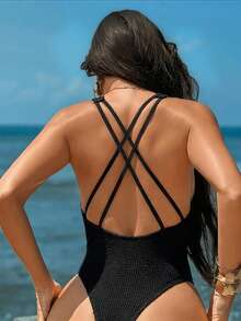 Swim SXY 女士新款纯色纹理粗肩带V领露背性感连体泳衣，适合海滩度假，春夏秋季皆宜 - 黑色 - 查看 1