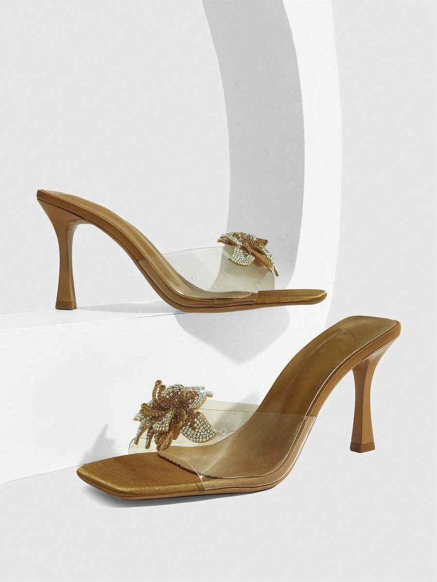 CUCCOO SZL Women's Square Toe Stiletto Heel Transparent Rhinestone Embellished Slip-On Mule Sandals, Elegant For Dresses, Party, Nightclub - Camel - View 1