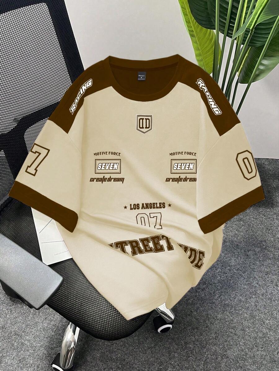 Claim Dot 男士街头时尚印花圆领短袖T恤 - 卡其色 - 查看 1