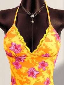 Zestiva Women's Summer Vacation Casual Beach Wear Tropical Floral Print Strapless Bandeau Tied Camisole Strap Bikini Lace Trim 2-Piece Swimsuit Set - Multicolor - View 6