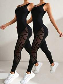 Velisys 夏季网纱拼接露背弹力连体裤 - 黑色 - 查看 1