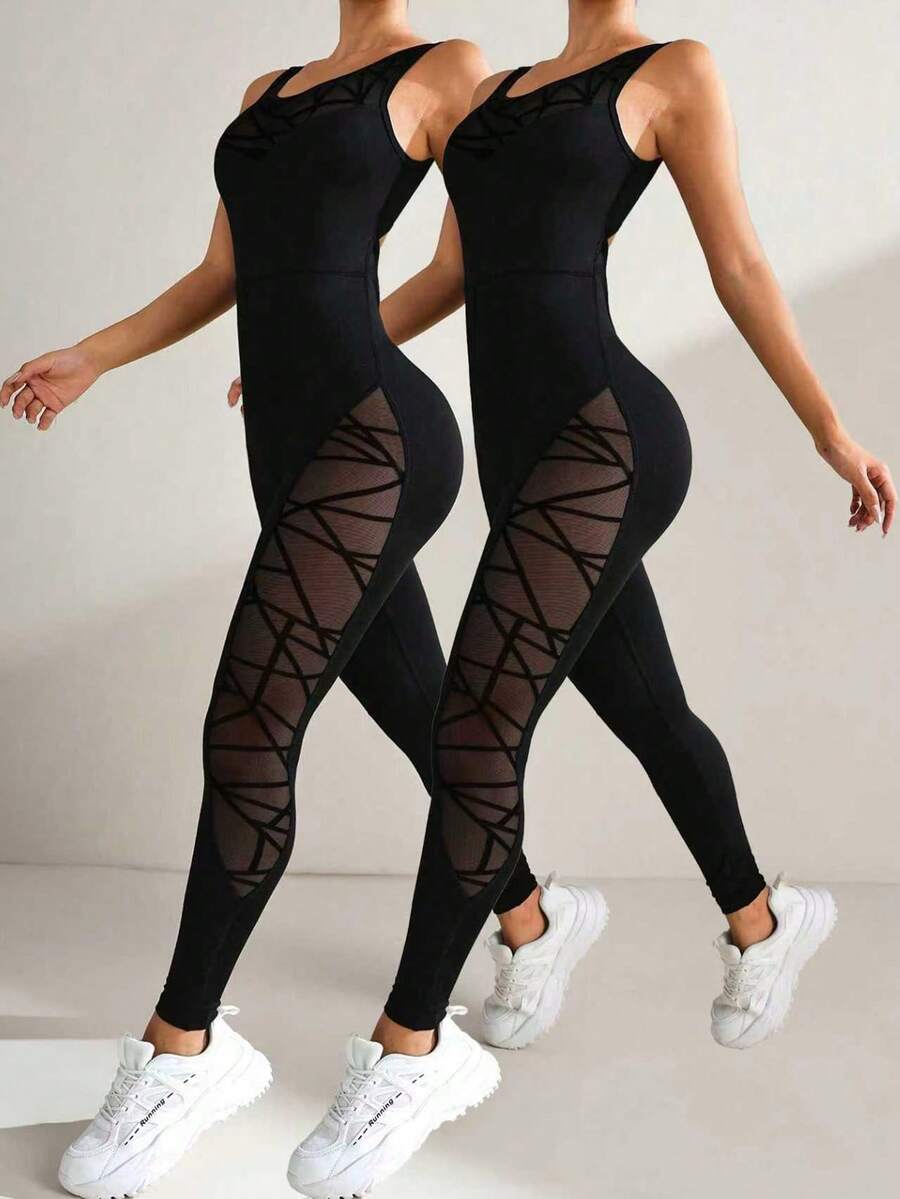 Velisys 夏季网纱拼接露背弹力连体裤 - 黑色 - 查看 1
