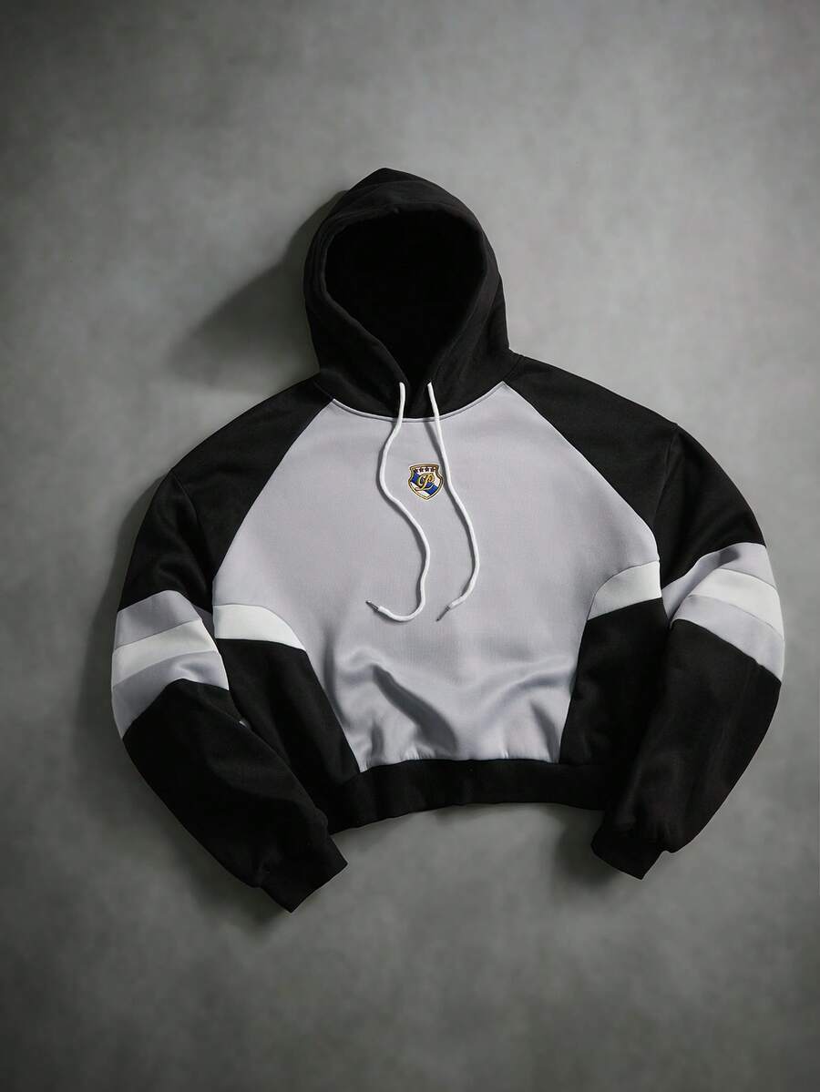 STYNVO 男士时尚个性化三色拼接休闲长袖连帽卫衣 - 黑色 - 查看 1