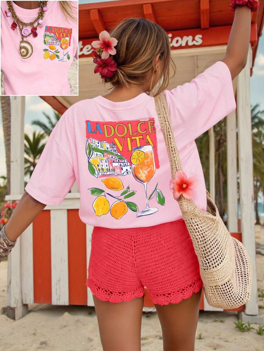 DrmWander Vacation,Spring,Resort Wear Women,Spring Summer Lemon Print Cute T-Shirts - Pink - View 1