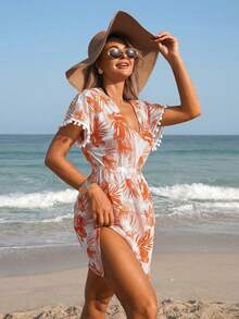 Swim Lushoire Áo khoác mùa hè tay ngắn cổ chữ V, thắt eo, họa tiết hoa dành cho nữ, điểm nhấn là tua rua trang trí. - Nhiều màu - Xem 4