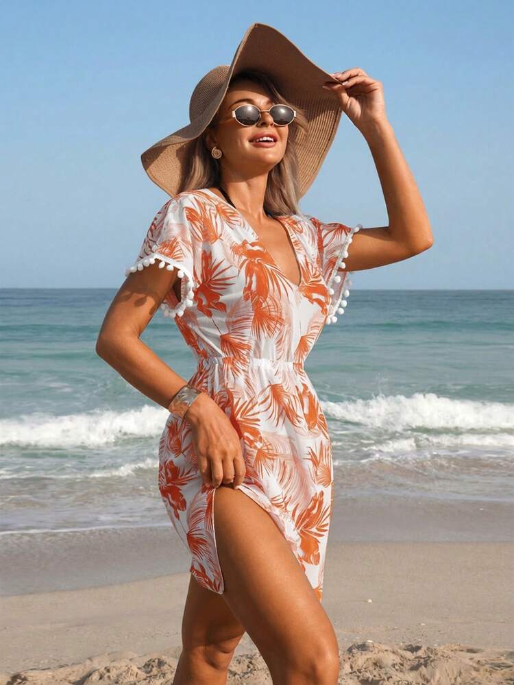 Swim Lushoire Cubrecuerpo de verano con cuello en V, manga corta, cintura ceñida, estampado floral y decoración de pompones para mujer - Multicolor - Ver 4