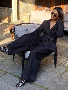 DAZY Women's Denim Jacket With Collar & Waist Cinching, And Loose Wide Leg Jeans Casual 2-Piece Set - Dark Wash - View 6