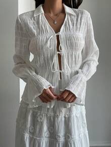 Livesso Áo khoác cardigan trắng mùa xuân/hè, phong cách thường ngày đi nghỉ mát, áo sơ mi chiffon thiết kế buộc dây phía trước, áo kiểu tay dài xếp ly có họa tiết dành cho nữ. - trắng - Xem 2