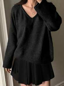 DAZY Suéter de mujer de unicolor con cuello en V, casual y versátil de manga larga, adecuado para salidas de otoño/invierno - Negro - Ver 6