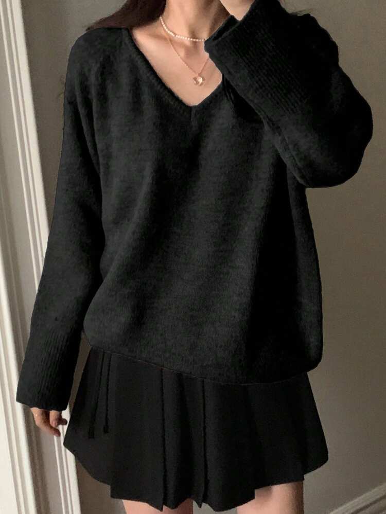 Women's Solid Color V-Neck Casual Versatile Long Sleeve Sweater, Suitable For Autumn/Winter Outings